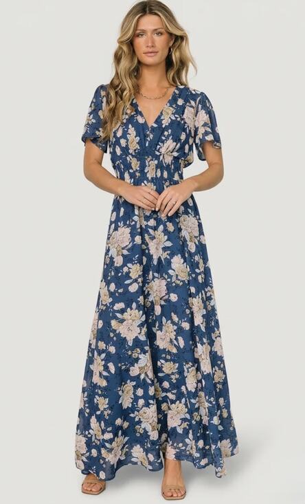Baltic Born Dresses & Skirts - Baltic Born Birdie Maxi Dress Blue Blush Floral Large Wedding Guest Photoshoot